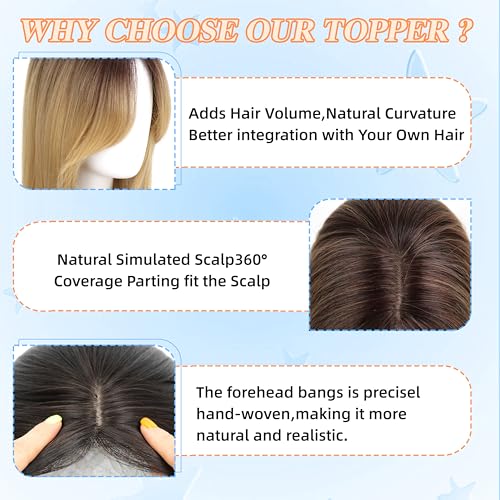 Image of Synthetic Hair Topper with Bangs 18 Inch Layered Toppers for Women with Thinning Hair 5.5 inch x 5 inch hand Tied Forehead Hairline 360 3D Cover Wispy Synthetic Toppers Hair for Women Fiber Wiglets