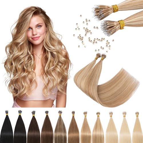 SEGO Nano Tip Hair Extensions Human Hair Nano Beads Balayage Seamless Highlight Pre-bonded Extensions for Women 0.7g/strand 50 strands 35g/pack -14 Inch#12RP613R Golden Brown&Bleach Blonde