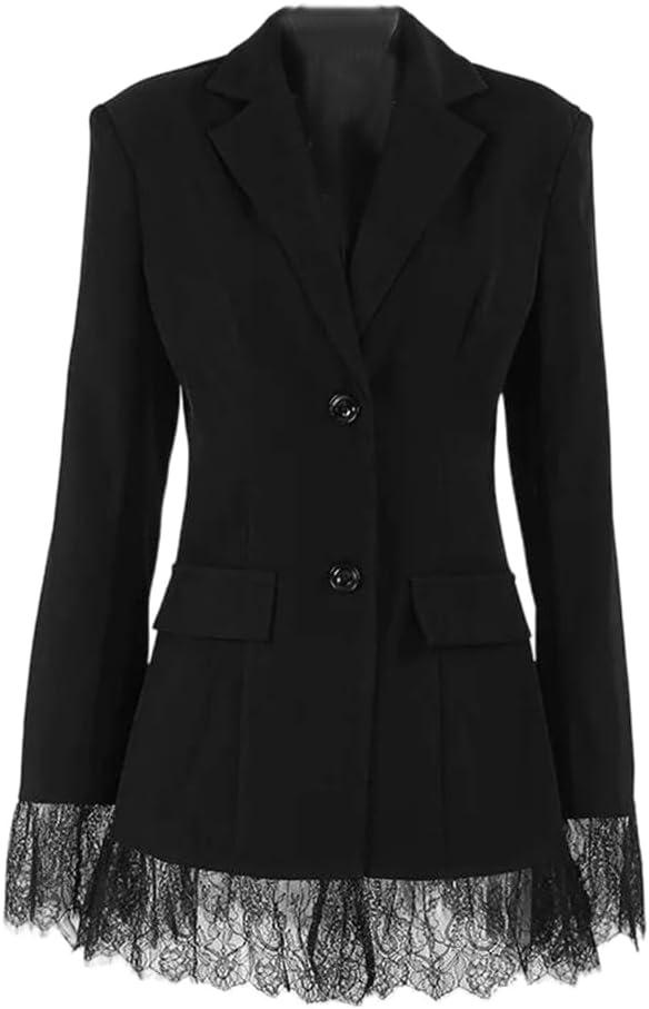 Women Lace Hem Blazer Long Sleeve Notched Lapel Jacket for Fall Party Date Evening Event