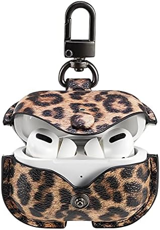 Genuine Leather Case Compatible with AirPods Pro Case, VOMA Protective Cover for AirPods Pro Wireless Charging Case Headphones, Soft Leather Cover with Keychain Hook Leopard