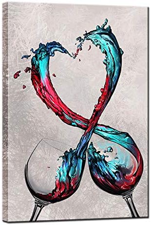 sechars - Modern Canvas Wall Art Romantic Turquoise Red Wine in Heart Splash Painting for Kitchen Dining Room Pub Bar Wall Decor Contemporary Art Stretched and Framed Ready to Hang
