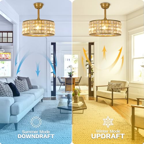 DWVO 18" Crystal Caged Ceiling Fan with Light, Modern Industrial Chandelier with Remote, 3 Speed & 3 Color Temperatures, Reversible Blades for Bedroom, Living Room - Gold