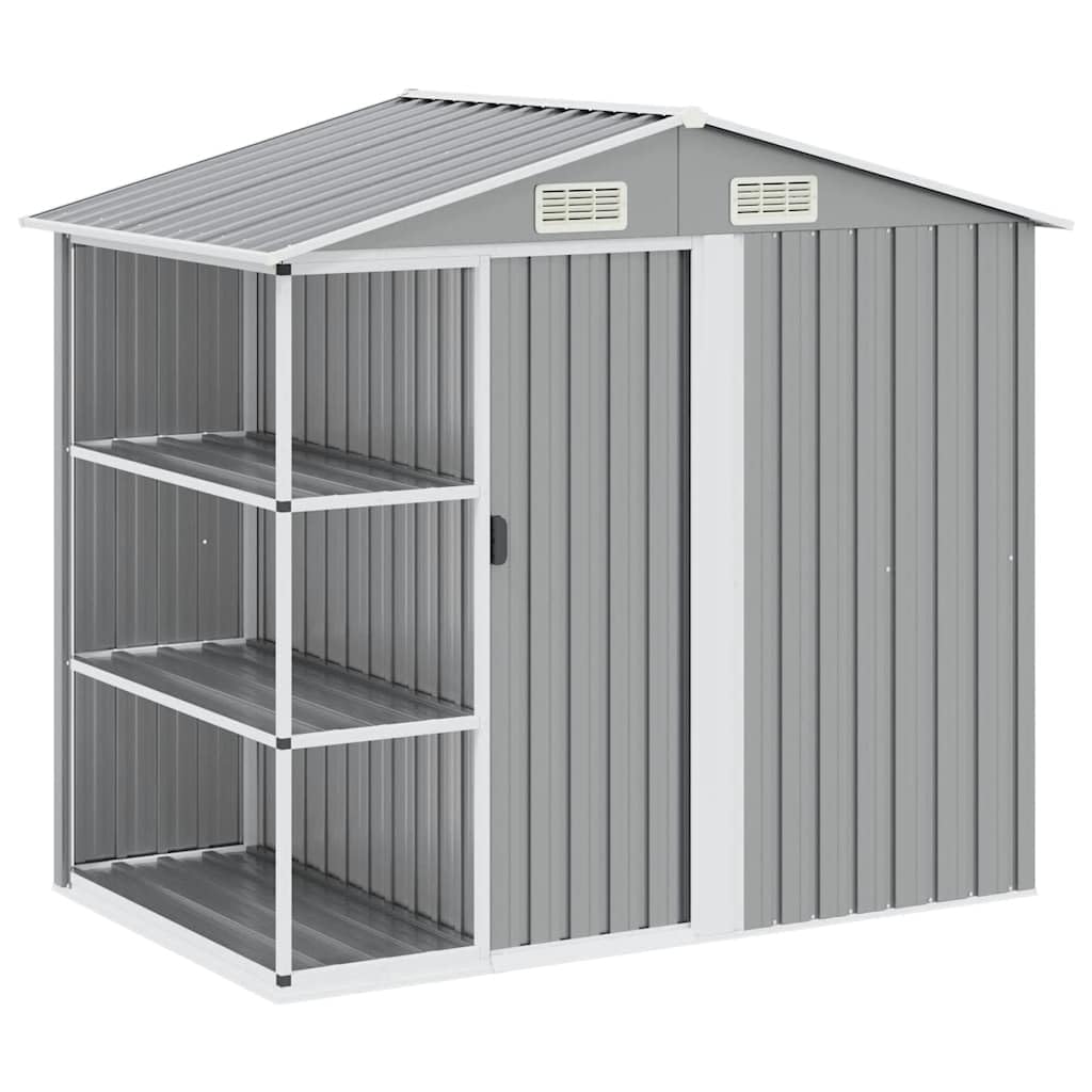 Geräteschuppen Metall 205x130x183 cm Grau Gartenhaus mit Regal Schiebetür für Werkzeuge und Gartengeräte wetterfest