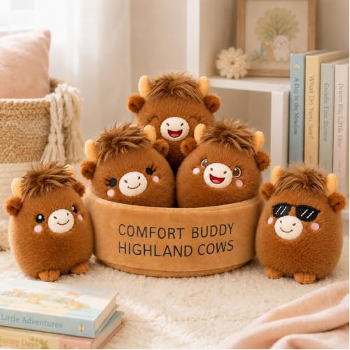 Image of Emotional Support Highland Cow Plush Set, 5 Soft Squishy Toys Stuffed Animal with Carrying Basket, Cute Cuddly for Loved Ones of All Ages, Stress Relief Funny Gifts (Highland Cow)