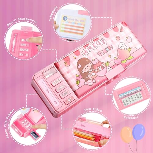 Image of Parshya Plastic Password Lock School Students Pencil Box with Inbuilt Sharpener, Cute Cartoon Stationary Compass for Boys, Geometry Case for Kids Girls, Best for Gifts (Yummy Compass), Pink
