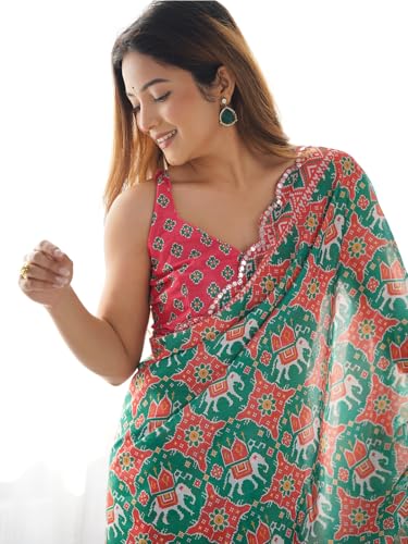 Image of Panzora Women's Chinon Printed Saree With Unstitched Blouse Piece