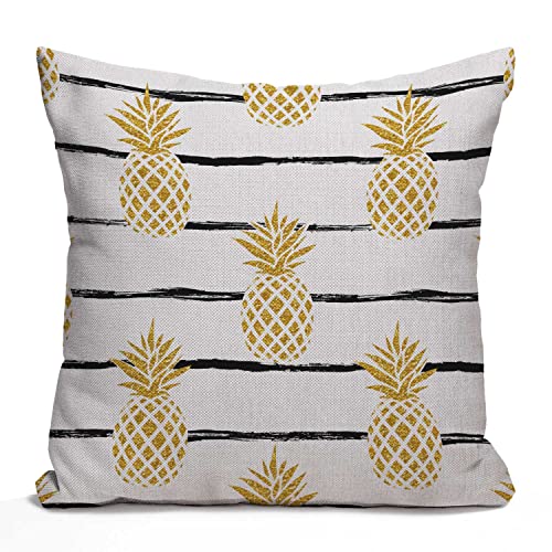 Tomda Housse de coussin en coton et lin à rayures d'ananas doré pour décoration d'intérieur, canapé, 45 x 45 cm