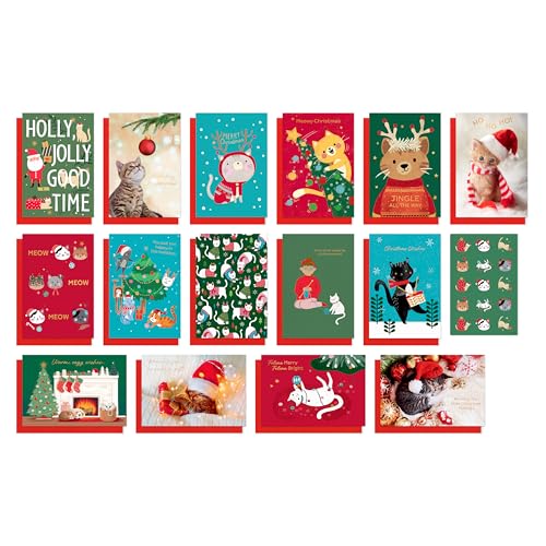 Cartes de Noël chat haut de gamme : lot de 15 cartes Meowy Christmas avec sceaux élégants