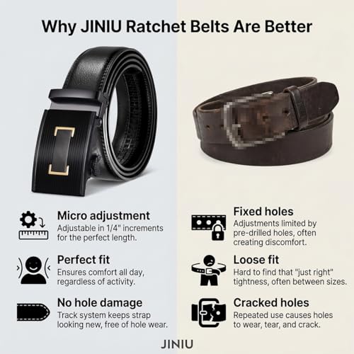 Image of JINIU Men's Ratchet Belt Buckle, Black Genuine Leather Slide Belt for Men Dress Suit, Micro Adjustable Trim to Fit Boxed