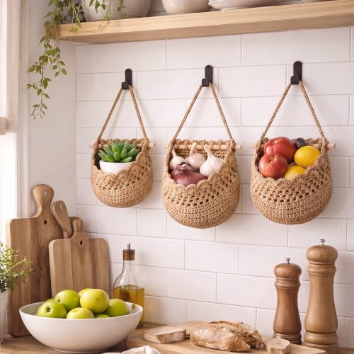 Image of Honeydak 3 Hanging Baskets, Dark Brown, Lace, Cotton Rope