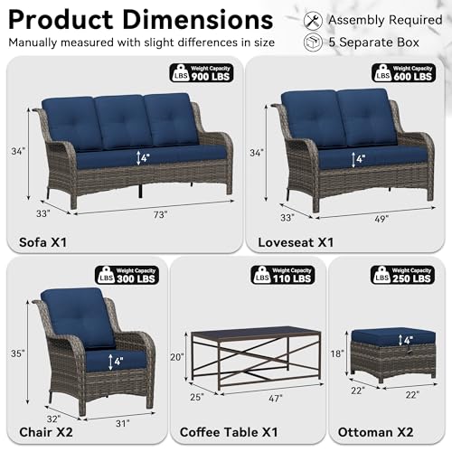 Image of 7 Piece Outdoor Wicker Patio Furniture Set, Patio Chairs Set with Thickened Olefin Cushions, High Back and Deep Seating, Hand-Woven PE Rattan, Ottoman for Porch, Deck
