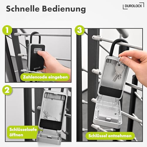 DUROLOCK Schlüsseltresor mit Zahlencode und Bügel für außen (wetterfest) - XXL Schlüsselbox mit Code - Schlüsselsafe mit Code - Schlüsselkasten für AirBnB, Büro & Familie sowie Strand und Urlaub