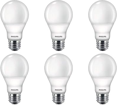 Philips LED Flicker-Free Frosted A19 Light Bulb, Dimmable Warm Glow Effect, 800 Lumen, 2700-2200K, 8.8W=60W, E26 Base, 6-Pack