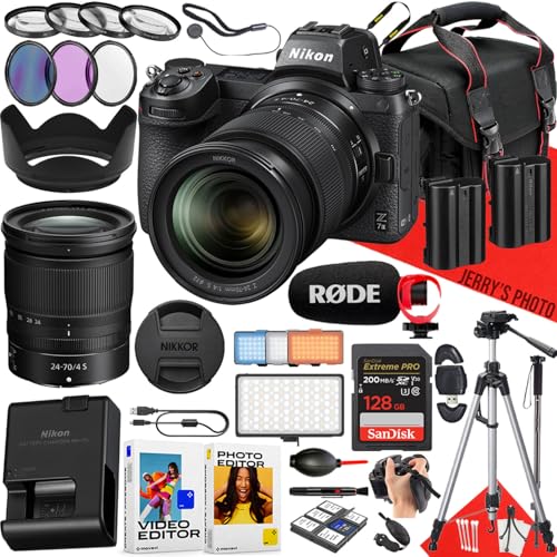 Nikon Z7 II Mirrorless Camera with NIKKOR Z 24-70mm f/4 S Lens + 128 GB Memory + RODE Microphone + LED Light + Monopod + Filters + Tripod + More (35pc Bundle) (Renewed)