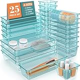 WOWBOX 25 PCS Plastic Drawer Organizer Set, 4 Sizes Desk Drawer Divider Organizers and Storage Bins for Makeup, Jewelry, Gadgets for Kitchen, Bedroom, Bathroom, Office, Sea Blue