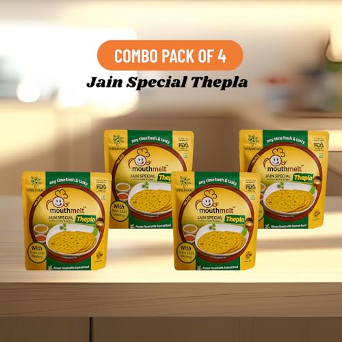 Image of Mouthmelt Jain Special Thepla Pack of 4 | Ready to Eat,Rosted, Not Fried | without Garlic & Ginger | 3 Month Shelf Life- Free Green Chutney - Gujarati Snack (200G x 4 Packets, 6 pcs in 1 pack) - 800 Grams