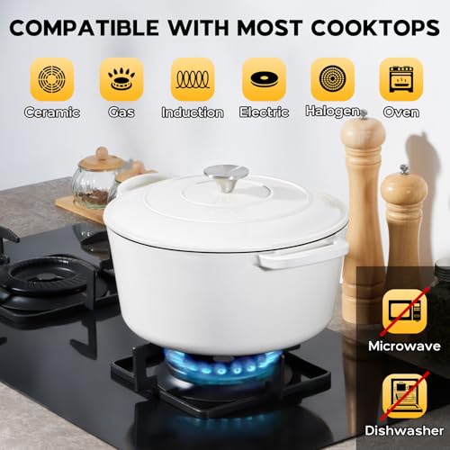 Onader Enameled Cast Iron Dutch Oven, 3QT Round Dutch Oven Pot with Lid for Bread Baking Cooking - White