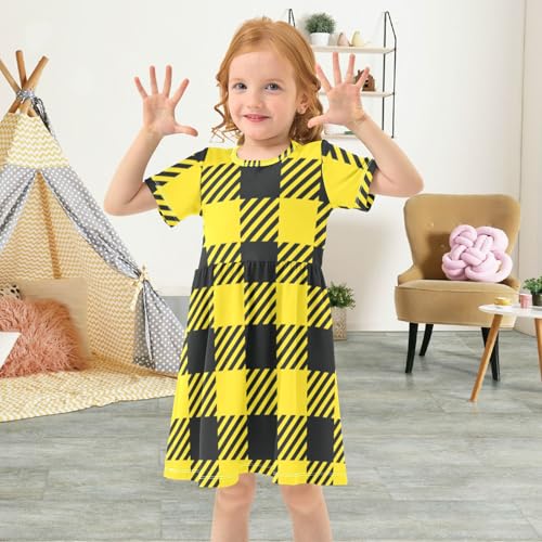 Aflyko Basic Girls' Short Sleeve Dress Black Yellow Classic Plaid Toddler Everyday Dresses4