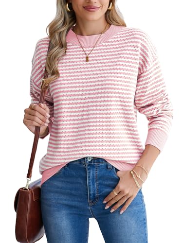 Famulily - Suéter de mujer con manga larga, cuello redondo, a rayas, bloque de colores, tejido acanalado, suéter holgado, rosa, M