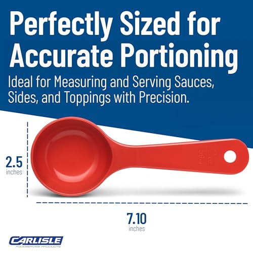 Image of Carlisle FoodService Products 7.10 inch 2 Ounce Solid Measuring Spoon - Flat Bottom - Portion Control Spoon - Short Handle Spoon, Red, (Pack of 12)