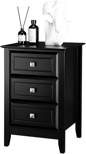 Bonnlo Mesita de noche negra mejorada con cajones, mesitas de noche para dormitorios, mesa auxiliar de cama moderna con perillas de metal para Bonnlo Mesita de noche negra mejorada con cajones, mesitas de noche para dormitorios, mesa auxiliar de cama moderna con perillas de metal para