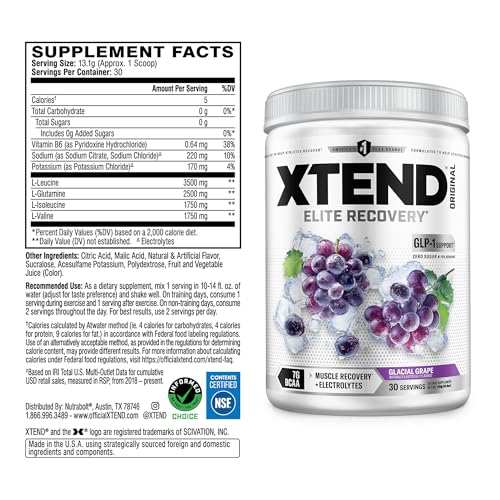 Image of Xtend Original BCAA Powder, 7g BCAAs and 2.5g L-Glutamine for Muscle Recovery Hydration and Lean Muscle, Sugar Free Intra and Post Workout Drink with Electrolytes, Glacial Grape, 30 Servings