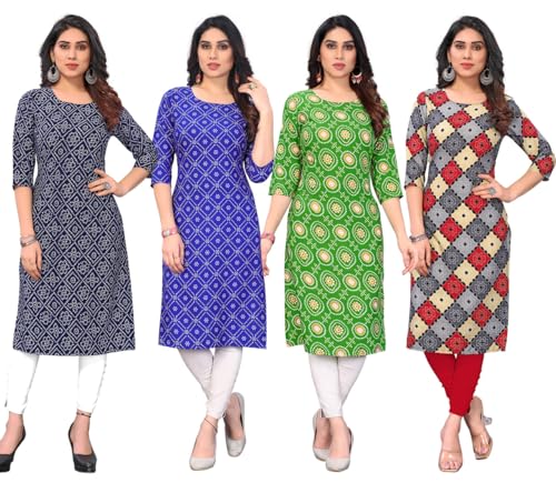 Image of JAKHANA Women's Crepe Printed Casual Straight Calf Length Round Nick Kurta Pack of 4