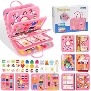 URMYWO Busy Board Montessori Spielzeug ab 1 2 3 4 Jahre, 12 Seiten Activity Board Kleinkinder Motorikspielzeug, Geschenk Mädchen, Baby Sensorik Lernspielzeug, Motorikbrett für Reise Auto Flugzeug