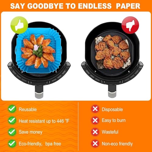 Image of DIXSON Air Fryer Liners I Square Silicone Basket Baking Tray I Pot with Ear Handles I Nonstick Reusable Heat Resistant I Air Fryer Basket I Cooking Oven Insert Accessories (Square, 1)
