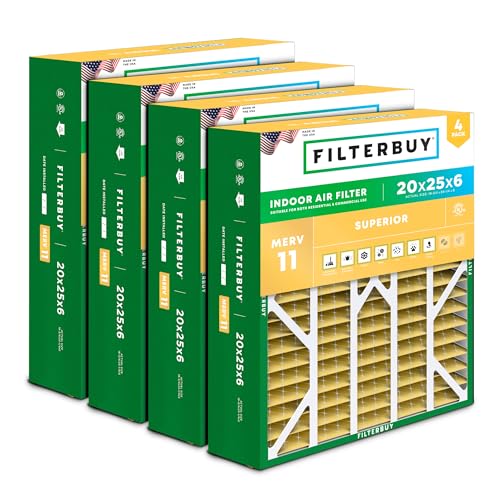 Filterbuy 20x25x6 Air Filter MERV 11 Allergen Defense (4-Pack), Pleated HVAC AC Furnace Air Filters for Aprilaire Space-Gard 201/2200 / 2250 & Lennox (Actual Size: 19.75 x 24.25 x 6.00 Inches)