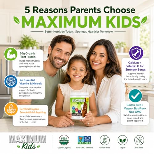 Image of Maximum Kids Complete Organic Powder Mix. Great Tasting, Easy to use, Complete Nutritional Drink with 26 Vitamins and Minerals, 20g of Plant Protein, 3g of Fiber. Kid Tested. Parents Approved.