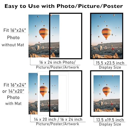 Image of JCJMY 16x24 Picture Frame with Mat for Poster Photo and 40x60 cm Canvas, Display 14x20 with Mat or 16 x 24 without, Wood 16 by 24 Wall Gallery Poster Photo Frame, Black