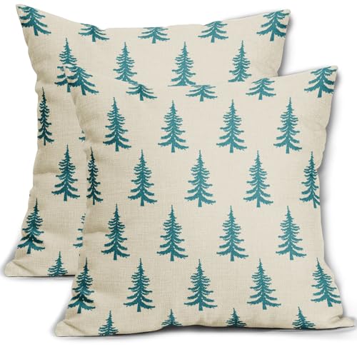 Aytipun Teal Christmas Tree Pillow Covers 20x20 Set of 2 Xmas Rustic Style Winter Print Decorative Outdoor Pillowcases Farmhouse Holiday Throw Cushion Case Decor for Couch Sofa Bed