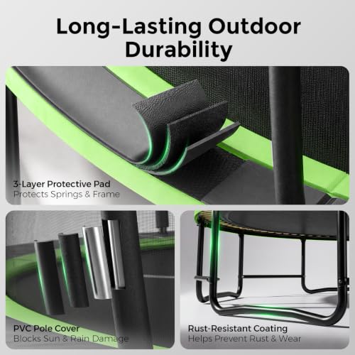 BCAN TR2 8FT Heavy-Duty Outdoor Trampoline, 1200 LBS Static Load, Reinforced Springs, Safety Enclosure Net, Built-in Basketball Hoop, Outdoor Backyard, Ladder, Protective Pad FED Fitness - image 9
