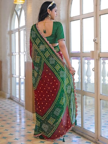 Image of SIRIL Women's Bandhani Printed Embroidery Georgette Saree with Unstitched Blouse Piece