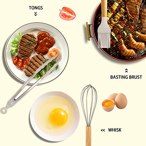Mibote 17 Pcs Silicone Cooking Kitchen Utensils Set With Holder, Wooden Handles Bpa Free Non Toxic Silicone Turner Tongs Spatula Spoon Kitchen Gadgets Utensil Set For Nonstick Cookware (Khaki) #TOP3