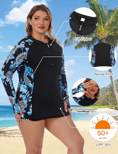 LURANEE Womens Plus Size Long Sleeve Rash Guard Top Zipper Swimsuit Swim Shirt with Thumb Holes2