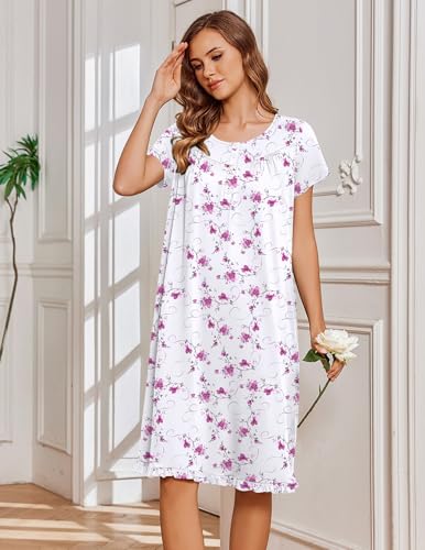 Image of Ekouaer Nightgowns for Women with Pockets Button Front Short Sleeve House Dresses Floral Print Mumu Dress