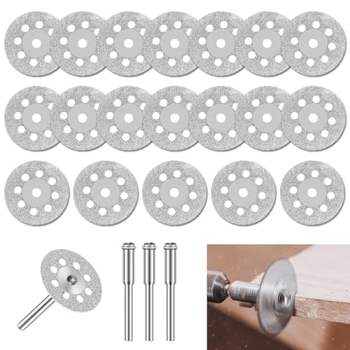20 Pcs Disque Diamant pour Dremel, 22 mm, Mini Disques à Tronçonner avec 4 Mandrins pour Carreaux, Verre, Pierre