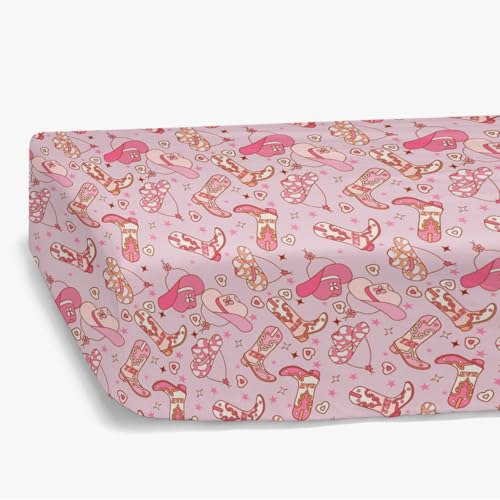 Image of Western Cowgirl Yee Haw Hat Boots Fitted Standard Crib Sheet for Baby Girl, Pink Cow Lover Star Wild West Toddler Mattress Cover, Soft Breathable Stretchy Nursery Bed Sheets Decor Kids Gift 52" x 28"