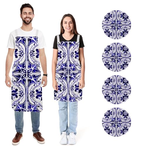 Lot de 2 tabliers de cuisine traditionnels mandalas réglables avec poches