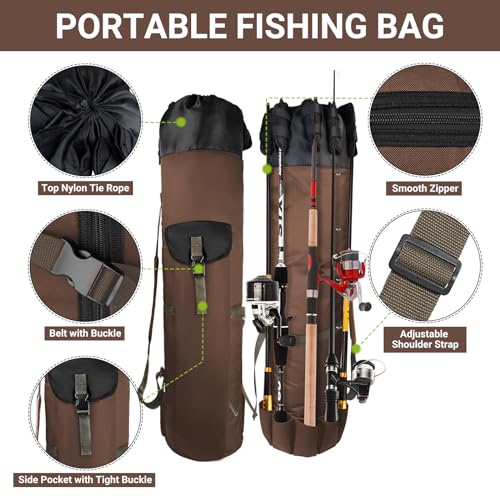 FOUUAAOOU Fishing Rod Bag, Fishing Rod Case Bag with Durable Folding Oxford Fabric, Portable Fishing Bag Fish Rod Storage Bag Fishing Pole Case Bag for Men Fishing Gifts (Coffee)