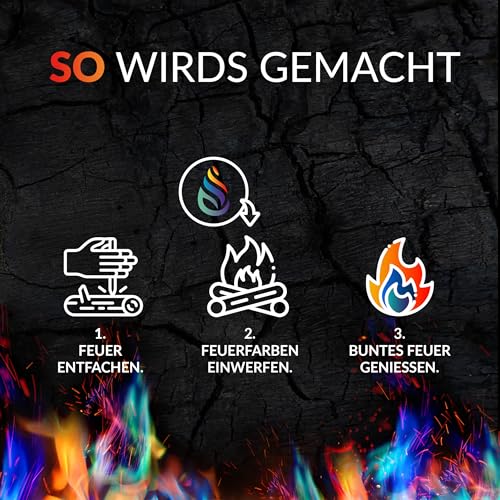 Feuerfarben Pulver für buntes Feuer 250 Gramm für Feuerstellen, Kamin, Ofen, Lagerfeuer oder für Outdoor-Events. Mach Dein Feuer bunt! Feuer Farbe ausprobieren und genießen.