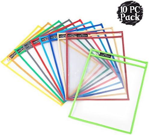 Dry Erase Pockets - Reusable + Oversized - Size 10 X 13 Inches - 10 Pockets for Adults and Children - Mixed Colors - Ideal to use at School or at Work