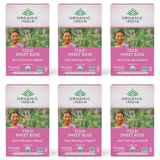 Organic India Tulsi Sweet Rose Herbal Tea - Holy Basil Leaf, African Basil, Chamomilie, Lemon Myrtle, Stress Relieving, Immune Support, USDA Certified Organic, Caffeine-Free - 18 Infusion Bags, 6 Pack