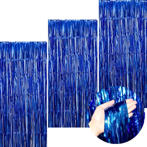 Image of 3 ft X 6 ft Blue Metallic Tinsel Foil Fringe Curtains for Anniversary Parties, Birthday Party or Any Other Celebration (3pc Blue Metallic Tinsel Foil Fringe Curtains)