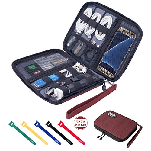 Organizador de cables de viaje portátil gris con 5 bridas para cargador y tarjeta SD