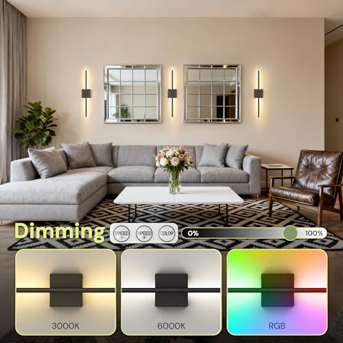 Image of L LOHAS LED 24in Peel and Stick on Battery Operated Wall Sconces Set of 2, Magnetic Linear Wall Sconce Easy Install witg Removable Battery, No Drill, Sconces Wall Decor Set of for Livingroom, Black