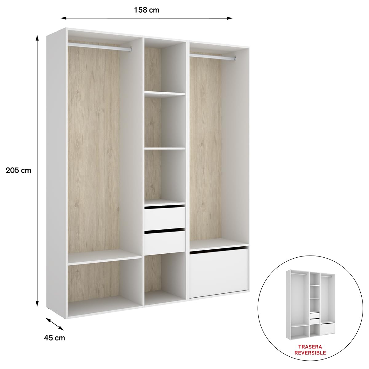 PEGANE Ensemble Dressing avec 2 tiroirs + 1 Porte à Chaussure et Fond d'arrière réversible Coloris chêne Naturel, Blanc - Longueur 158 x Profondeur 45 x Hauteur 205 cm