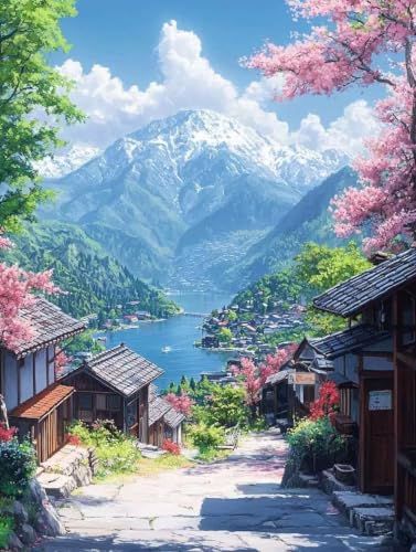 Diamond Painting Montagne et Fleurs de Cerisier Grand Format 80x110cm